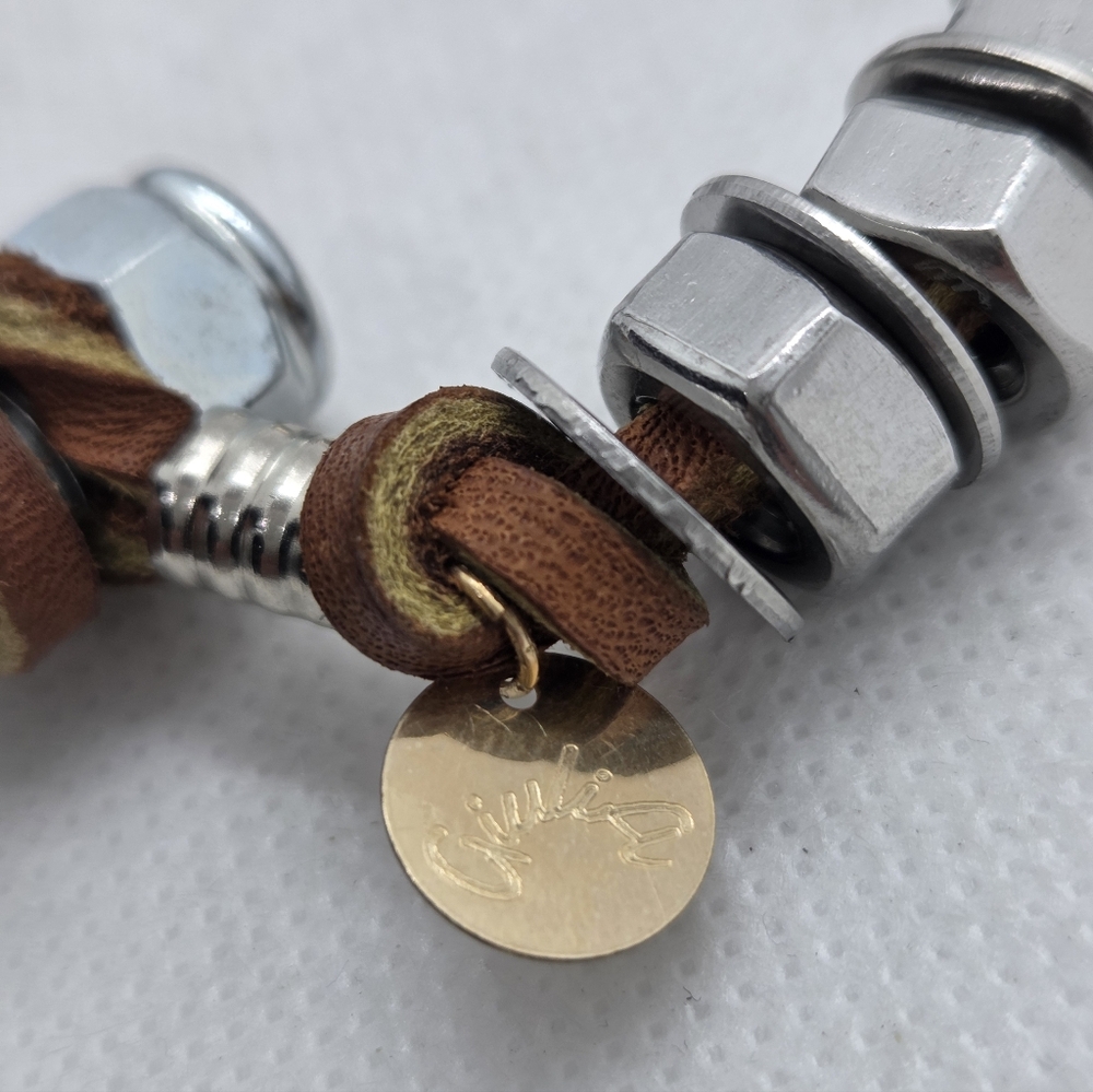 GiuliA Creations A Chunky Silver Nuts and Brown Leather Bracelet - Picture 8 of 9